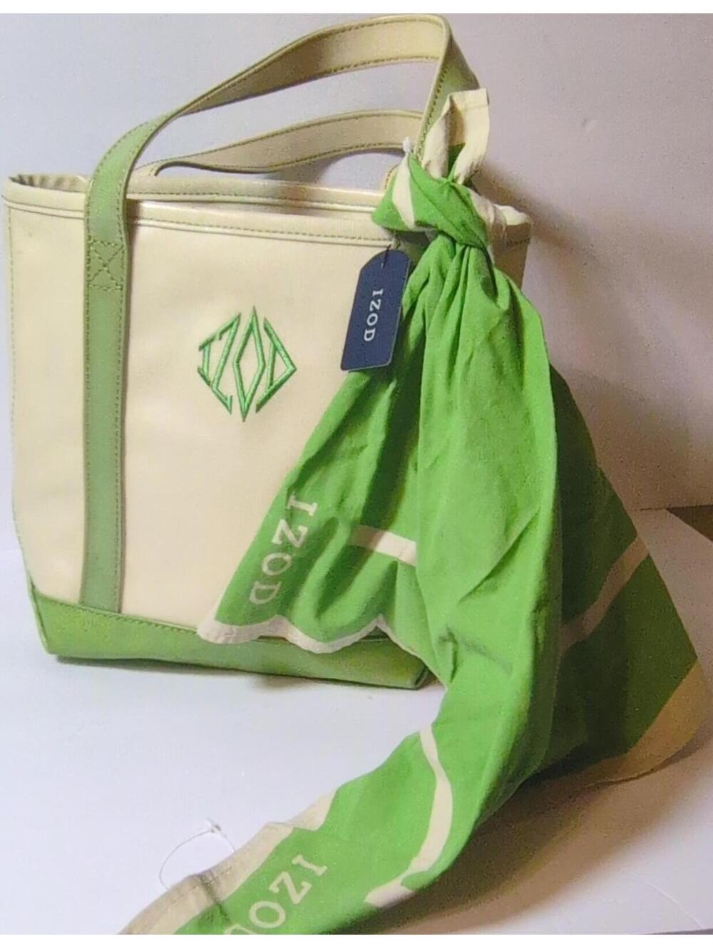 Vintage IZOD Ivory Green Tote Bag Logo Pattern & Matching Green Scarf for Women